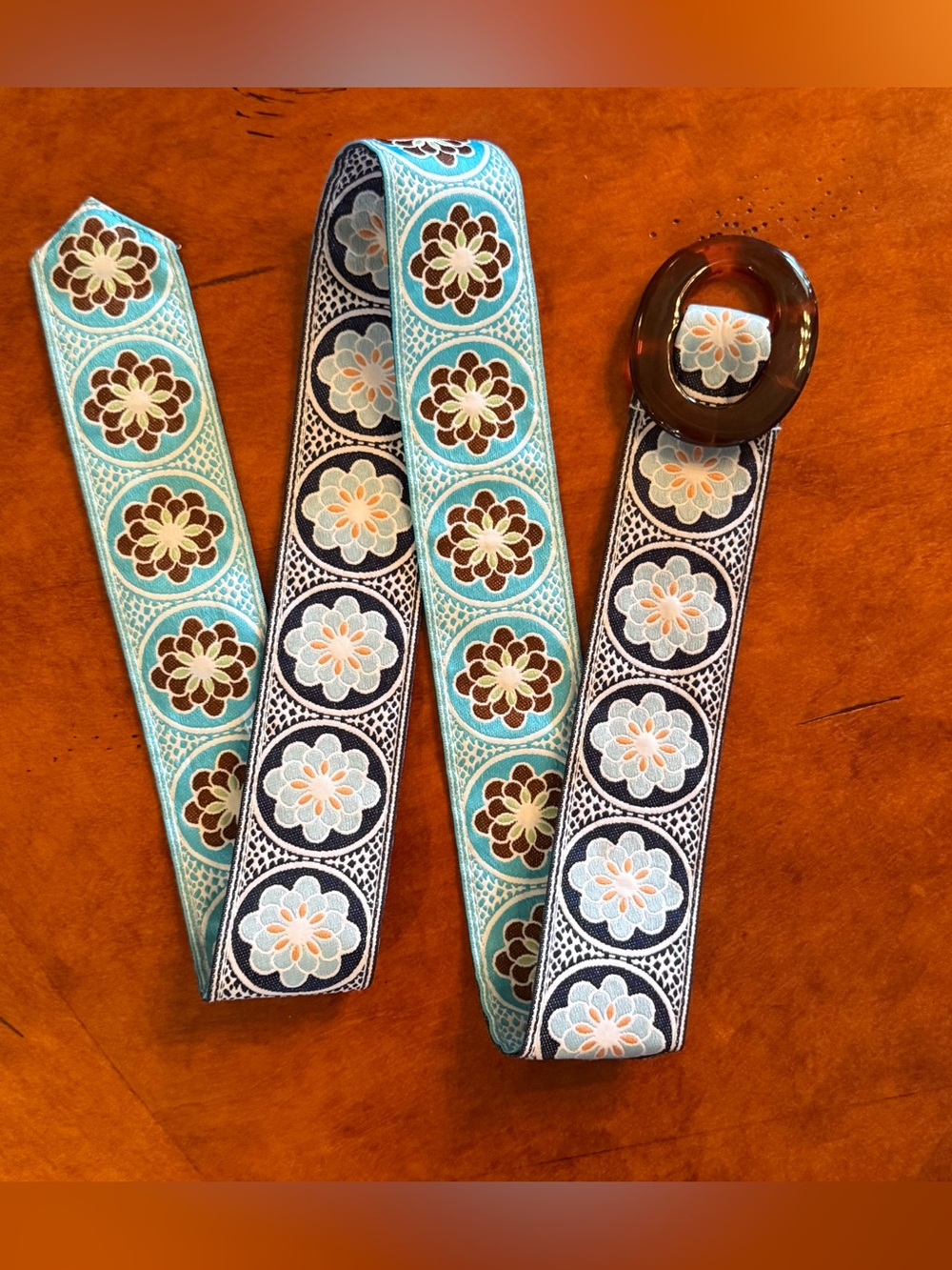 Hadley Pollet Reversible Jacquard Belt Turquoise Blue Floral Medallion Boho